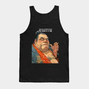 Puff Sumo Smoking a Cigar: "I Smoke Cigars in Moderation; One Cigar at a Time"  on a dark (Knocked Out) background Tank Top
